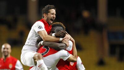 AS Monaco's Fabinho is congratulated by his teammates after scoring a goal in their win over Zenit St Petersburg on Tuesday to advance to the Champions League last 16. Sebastien Nogier / EPA