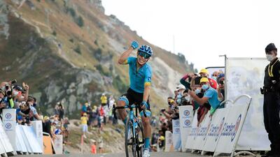 Colombia's Miguel Angel Lopez crosses the finish line to win the 107km-long Stage 17 from Grenoble to Meribel Col de la Loze. AP