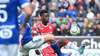 Monaco’s Benoit Badiashile in action against Strasbourg. AFP