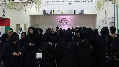 Emiratis attend the Fujairah International Career and Education Fair at the Fujairah Exhibition Centre. Satish Kumar / The National