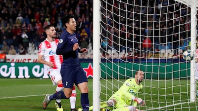 Tottenham Hotspur's Son Heung-min scores their third goal against Red Star Belgrade in the Champions League on Wednesday. Reuters
