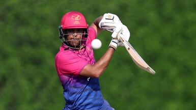 UAE's Aryansh Sharma hits more runs. The UAE take on Nepal in an ODI in the ICC Men's Cricket World Cup League 2. ICC Academy, Sports City, Dubai. Chris Whiteoak / The National