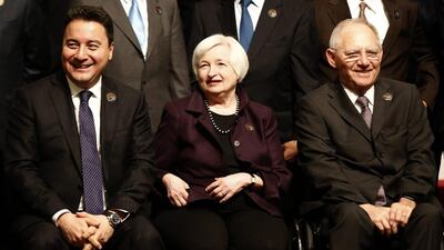 Turkey’s deputy prime minister Ali Babacan, US Federal Reserve chairwoman Janet Yellen and German federal minister of finance Wolfgang Schauble as they prepare for a photo shoot during the G20 meeting. Sedat Suna / EPA