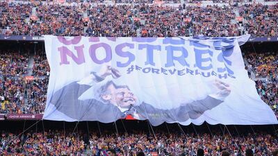 Barcelona and their fans were ready to send manager Luis Enrique off in style. A large banner is pictured in tribute to Enrique, ahead of their Primera Liga match against Eibar at Camp Nou on May, 21, 2017 in Barcelona, Spain. Barcelona needed to defeat Eibar and for Malaga to beat Real Madrid to have a chance of winning the league. David Ramos / Getty Images