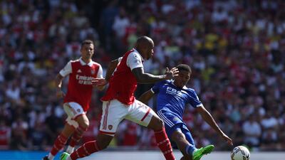 Gabriel Magalhaes of Arsenal is challenged by Wesley Fofana of Leicester City. Getty Images