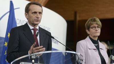 Russian Duma speaker Sergei Naryshkin and Anne Brasseur, president of the Parliamentary Assembly of the Council of Europe give a press conference on January 25, 2015, in Strasbourg, eastern France. Patrick Hertzog/AFP Photo