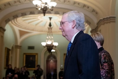 US Senate majority leader Mitch McConnell walks to the Senate chamber ahead of US President Donald J Trump's acquittal. EPA