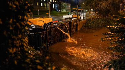 Pumps operate from flooded premises on the River Ouse in York. Storm Christoph is bringing flooding to areas of the UK including Yorkshire, Greater Manchester and Cambridgeshire. Getty Images