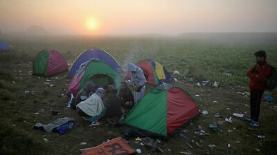 Migrants huddle around a campfire as a cold morning arrives at the Hungarian border with Serbia in Roszke, Hungary.