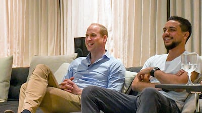 In this photo issued on Twitter by Kensington Palace, Britain's Prince William Duke of Cambridge sits with Jordanian Crown Prince Hussein, right, as they watch a rerun of England's World Cup match against Panama which the heir to the Jordanian throne had recorded earlier, at Beit Al Urdun Palace, in Amman, Jordan, Sunday June 25, 2018. Kensington Palace Twitter via AP