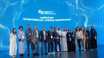 The Mohamed bin Zayed University of Artificial Intelligence team at the launch of the MBZUAI Metaverse Centre and MBZUAI Incubation and Entrepreneurship Centre at Gitex Global in Dubai. Leslie Pableo / The National