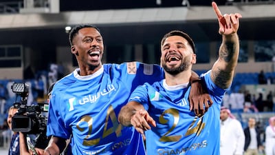 Alexander Mitrovic, right, scored twice in Al Hilal's 4-1 victory over Al Hazm at the Prince Faisal Bin Fahd Stadium in Riyadh on May 11, 2024. The win clinched Hilal a record-extending 19th Saudi Pro League title. AFP