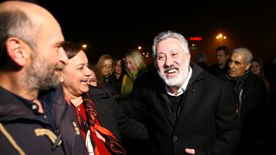 Murat Sabuncu, editor-in-chief of the newspaper Cumhuriyet, is greeted by his friends after being released from the prison in Silivri near Istanbul