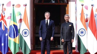 Indian Foreign Minister Subrahmanyam Jaishankar welcomes Mr Blinken in New Delhi. EPA