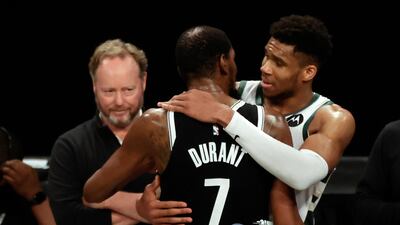 Milwaukee Bucks forward Giannis Antetokounmpo and Brooklyn Nets forward Kevin Durant after Game Seven of the Eastern Conference semi-finals. EPA