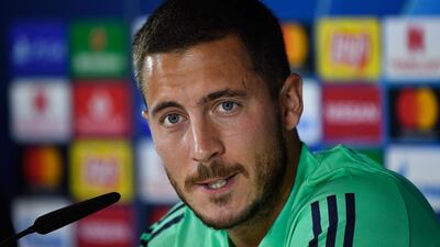 Real Madrid's Belgian forward Eden Hazard gives a press conference at the Valdebebas training complex in the outskirts of Madrid, on September 30, 2019, on the eve of the UEFA Champions league Group A football match against Club Brugge. / AFP / PIERRE-PHILIPPE MARCOU