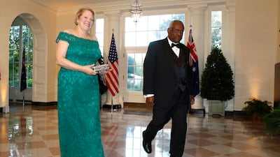 Virginia “Ginni” Thomas, wife of Supreme Court Associate Justice Clarence Thomas, right, arrive for a State Dinner at the White House, on September 20, 2019, in Washington. AP
