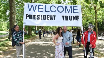 President Trump supporters with a banner 'Welcome President Trump' gather outside Buckingham palace during the US President Donald J. Trump State visit to the UK in London, Britain, 03 June 2019. US President Trump and his wife are on a three-day state visit to United Kingdom. EPA