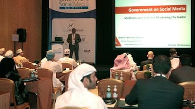 Ibrahim Ahmed Elbadawi, Co-Founder and Managing Director of Exantium, speaking at the GCC Government Social Media Summit. Jeffrey E Biteng / The National