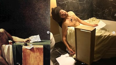 The picture that started it all. One of the roommates behind @CovidClassics poses in the bathtub with a towel wrapped around his head to recreate Jacques-Louis David's 'The Death of Marat'. Via @covidclassics / Instagram