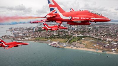 A flypast by the British Royal Air Force (RAF) Aerobatic Team, the Red Arrows, during the commemorations for the 75th Anniversary of the D-Day landings over Southsea Common, Portsmouth, Hampshire. EPA