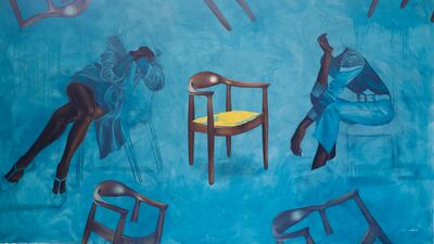 Joshua Oheneba-Takyi studied science and technology and then switched to painting. Here, is his 'Teal Ladies With Yellow Upholstery' (2021).