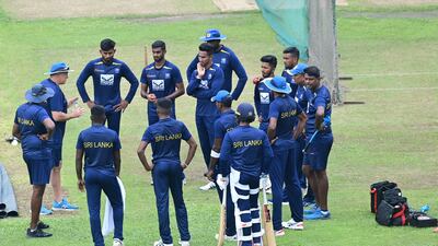Coach Chris Silverwood addresses Sri Lanka's players during training in Dhaka. AFP