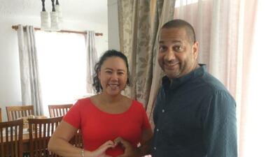 A pregnant Vane V, left, and her husband, Nicolas, before flight suspensions left them stranded in Mauritius. Courtesy: Vane V