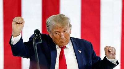 Former US President Donald Trump at an Iowa Commit to Caucus rally at the National Cattle Congress in Waterloo, Iowa. AFP