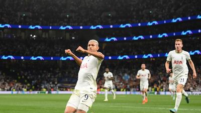 Richarlison of Tottenham Hotspur celebrates after scoring the first goal in the 2-0 Champions League win against Olympique Marseille at Tottenham Hotspur Stadium on September 7, 2022. Getty