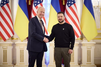 US President Joe Biden meets Ukrainian President Volodymyr Zelenskyy during a visit to Kyiv last year. Ukrainian Presidential Press Office / Getty Images