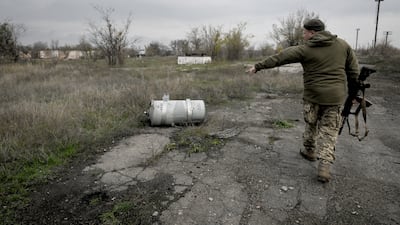 The remnants of a Russian cluster bomb are seen in the Ukrainian front-line town of Orikhiv. Getty Images
