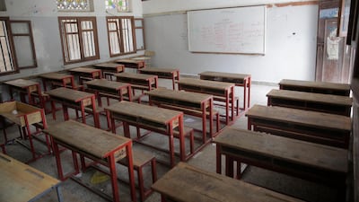An empty classroom is seen at a closed school in Sanaa, Yemen, on Sunday, March 15, 2020. AP
