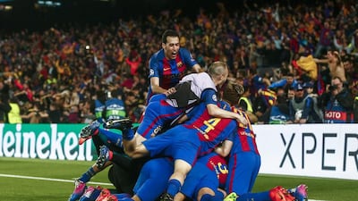 Barcelona’s players celebrate after beating Paris Saint-Germain 6-1. Quique Garcia / EPA