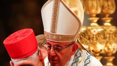 Pope Francis embraces new cardinal Louis Raphael I Sako of Iraq during a consistory ceremony to instal 14 new cardinals in Saint Peter's Basilica at the Vatican, June 28 2018. Reuters