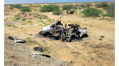 The debris of a burnt car that was targeted by an air strike, killing two people in the coastal city of Port Sudan.The air raid allegedly targeted top Hamas militant Abdel Latif al Ashqar.