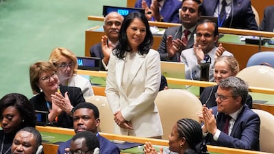 Annalena Baerbock of Germany acknowledges applause after being elected President of the 80th UN General Assembly, on June 2. AP