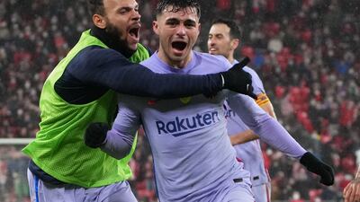 Barcelona's Pedri celebrates after scoring. AFP