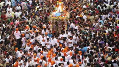 Hindus take part in the annual Rath Yatra, or chariot procession in Ahmedabad. Amit Dave / Reuters