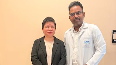 Sharjah resident Eliza Robles and the surgeon who removed her brain tumour, Dr Chelladurai Pandian Hariharan. Photo: Aster DM Healthcare