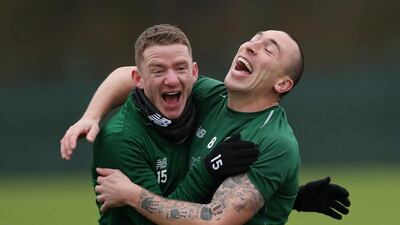 Celtic Training - Lennoxtown Training Centre, Glasgow, Britain, Celtic's Scott Brown and Jonny Hayes during training Action. Reuters