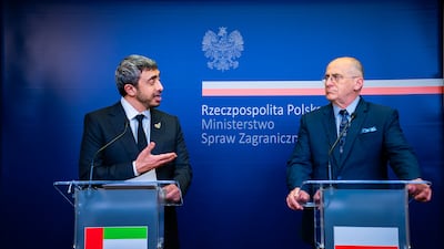 Sheikh Abdullah bin Zayed, Minister of Foreign Affairs and International Co-operation, with Poland’s President Andrzej Duda, in Warsaw. All photos: Wam