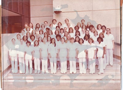An old photo of Dr Fatima Al Refaei and her classmates at Texas Women's University in December 1979. Dr Al Refaei is in the first row, third from the left. Photo: Dr Fatima Al Refaei's family / Abu Dhabi Awards