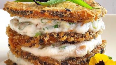 Layered eggplant with makhani sauce, by Nikita Gandi for Masterchef, the TV Restaurant