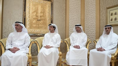 (R-L) Ali Al Shamsi, Deputy Secretary-General of the Supreme National Security Council, Sheikh Abdullah bin Zayed, Minister of Foreign Affairs and International Cooperation, Sheikh Mansour bin Zayed, Deputy Prime Minister and Minister of Presidential Affairs and Sheikh Saif bin Zayed, Deputy Prime Minister and Minister of Interior, attend a meeting with Sheikh Sabah Al Sabah, Emir of Kuwait (not shown), at Zabeel Palace. Rashed Al Mansoori / Crown Prince Court - Abu Dhabi