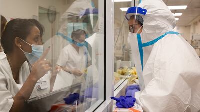 Medical workers at the Barzilai Medical Centre in Ashkelon, Israel. AP