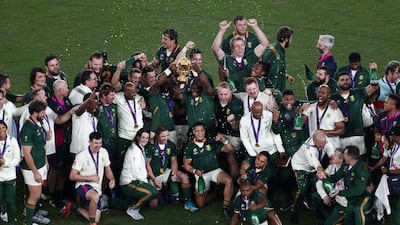 South Africa's players celebrate winning the Japan 2019 Rugby World Cup final match between England and South Africa at the International Stadium Yokohama in Yokohama. AFP