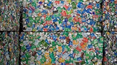 Bales of aluminum are collected to be recycled at Bee’ah’s waste recovery facility at the Sharjah Landfill Company. It is estimated that between 1.8kg and 2.4kg of rubbish is produced per person per day in the UAE. Jeff Topping / The National