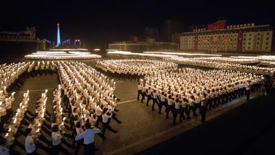 A torch parade in Kim Il-sung Square in Pyongyang during the 70th anniversary celebrations of the founding of North Korea, on September 9, 2018. AFP