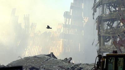 A bird takes flight over the wreckage of the World Trade Centre on September 16, 2001, as clearing work continued on the site of the nation's worst terrorist attack. AFP